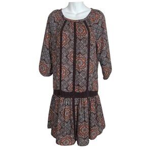 Daniel Rainn Size‎ XS Brown Paisley Drop Waist Peasant Dress 3/4 Sleeves